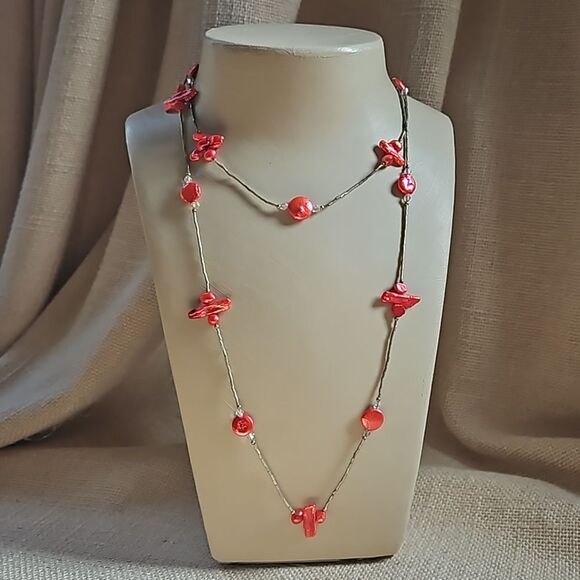 Long 40" Liquid Silver, Crystal and Pearlized Shell Necklace - Coral Red - Picture 1 of 8